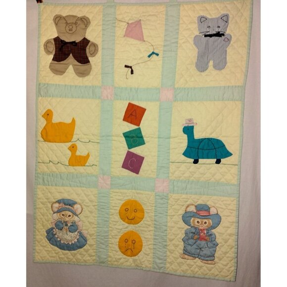 Handmade Other - Handmade Quilted Baby Wall Hanging Yellow Green Animals Turtle Mice Ducks READ
